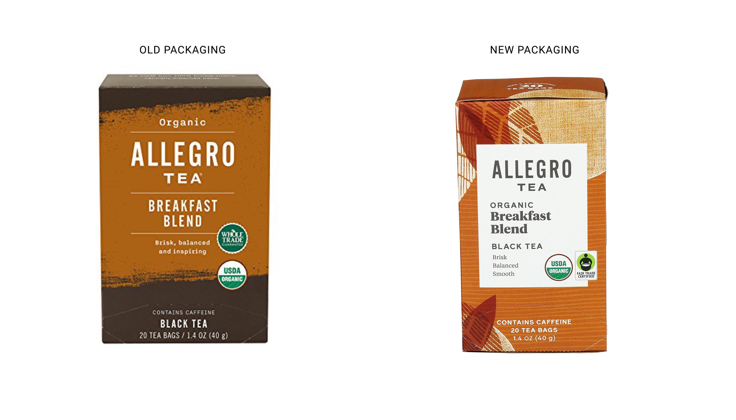 Allegro Tea rebrand: old packaging vs. my new design
