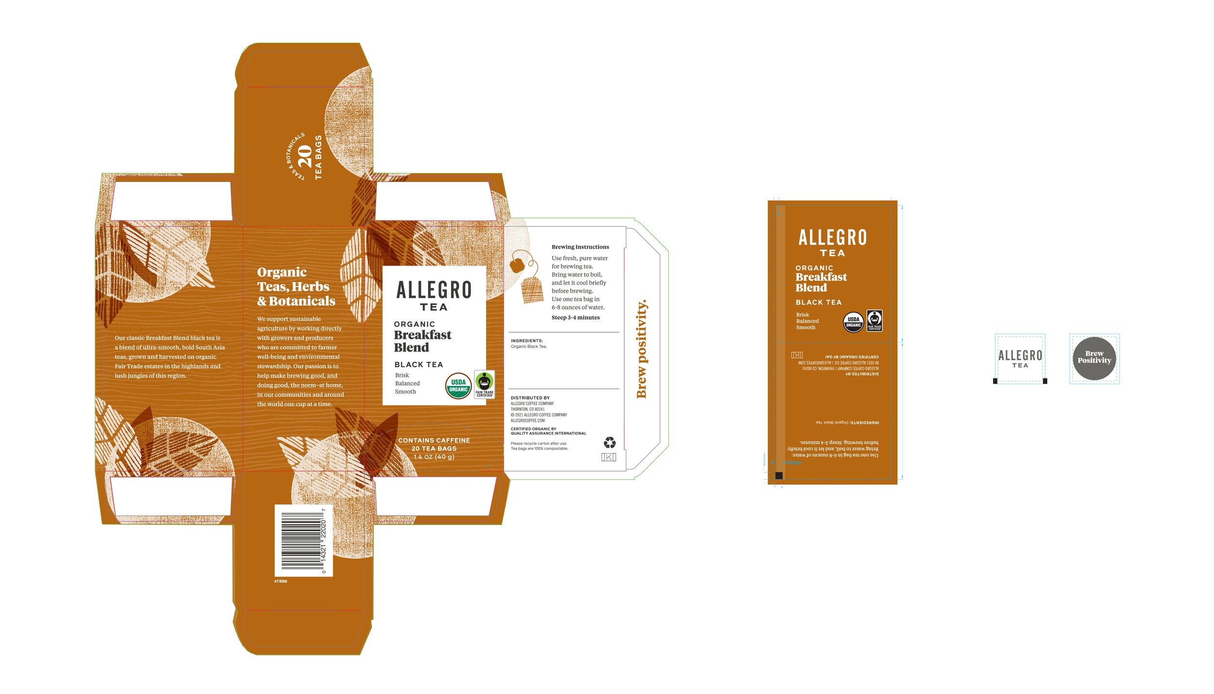 Allegro Tea Rebrand: carton, envelope, and tea tag dielines.