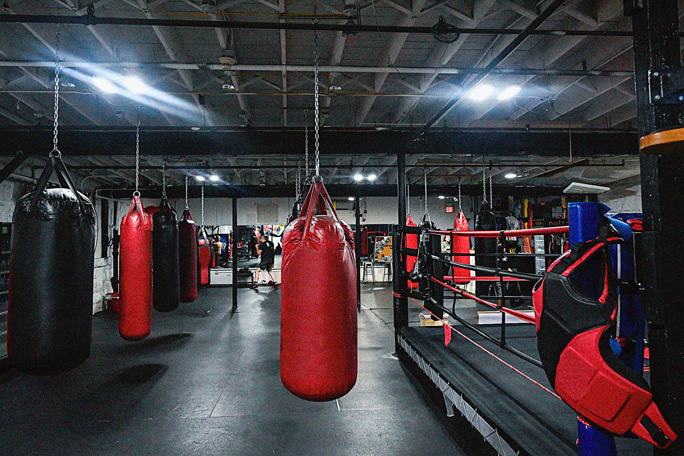 Interior of a boxing gym with several hanging punching bags, a boxing ring, and people training in the background.