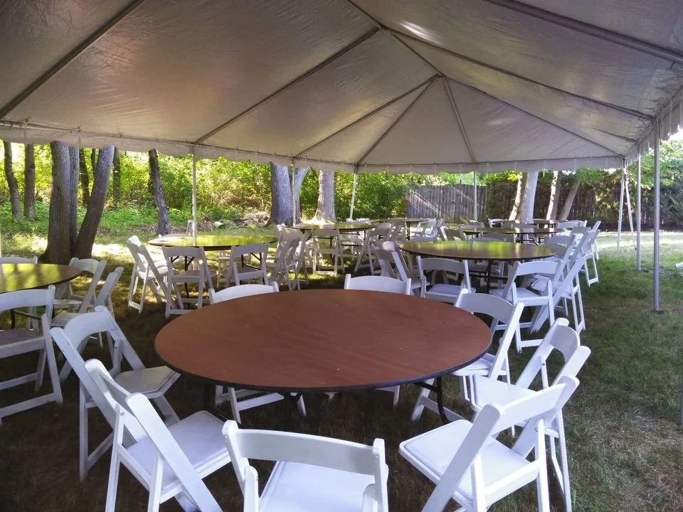 White Tables and Chairs Under Frame Tent for Rent