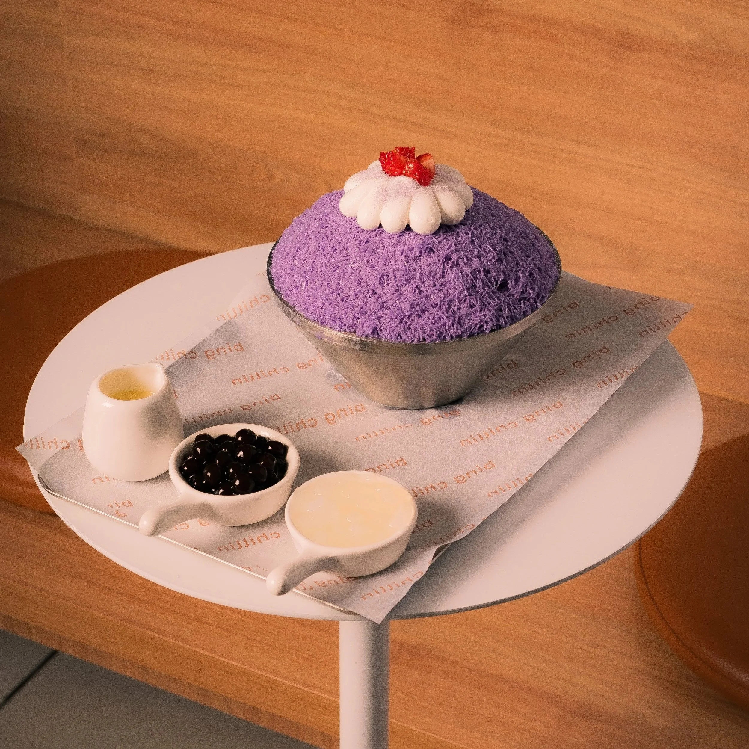 Ube bingsu — purple yam shaved ice with condensed milk, coconut jelly and pearls