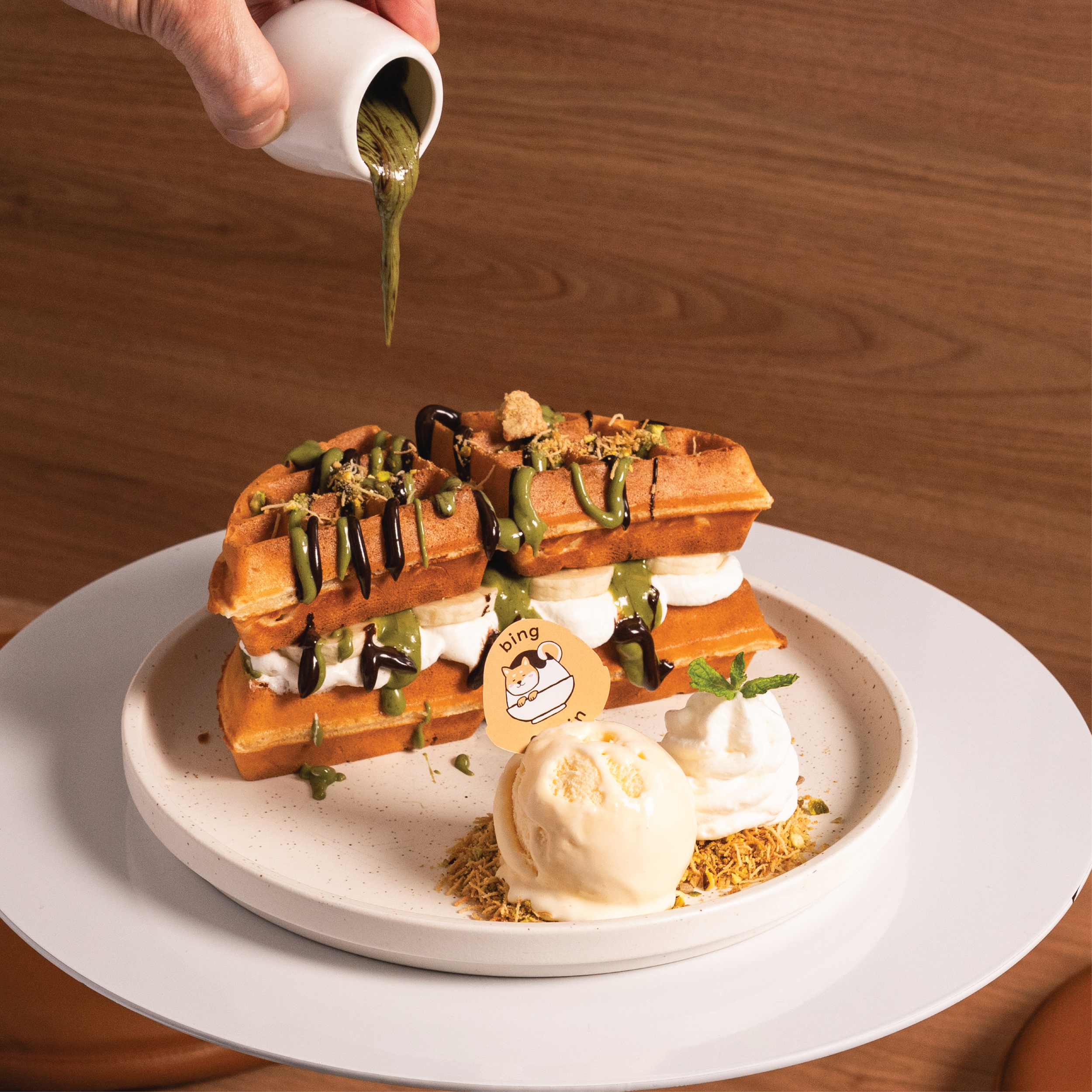 Pistachio Crunch waffle with golden kataifi, roasted pistachios and pistachio sauce