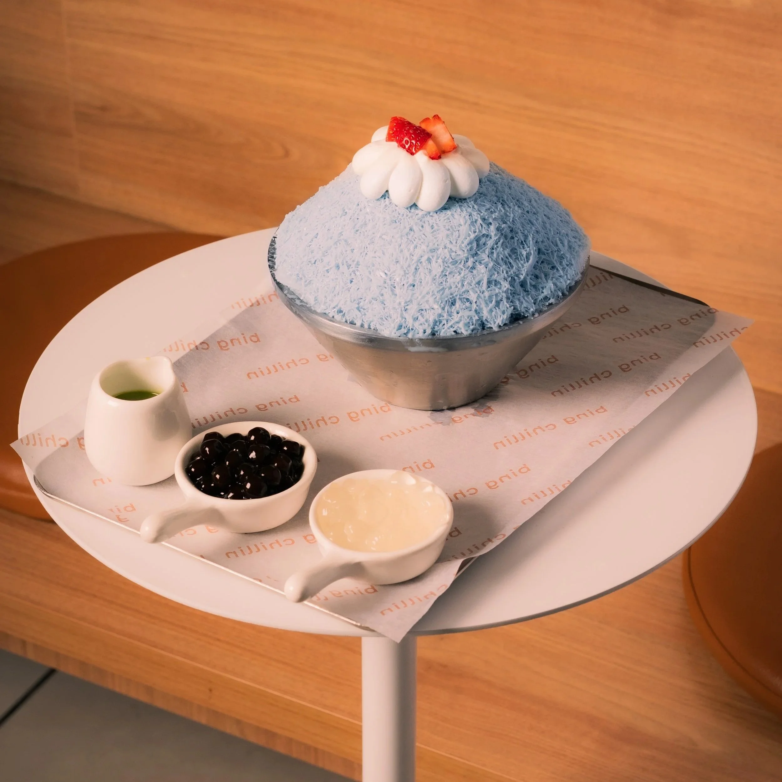 Coconut Pandan bingsu — butterfly pea coconut shaved ice with pandan sauce and pearls