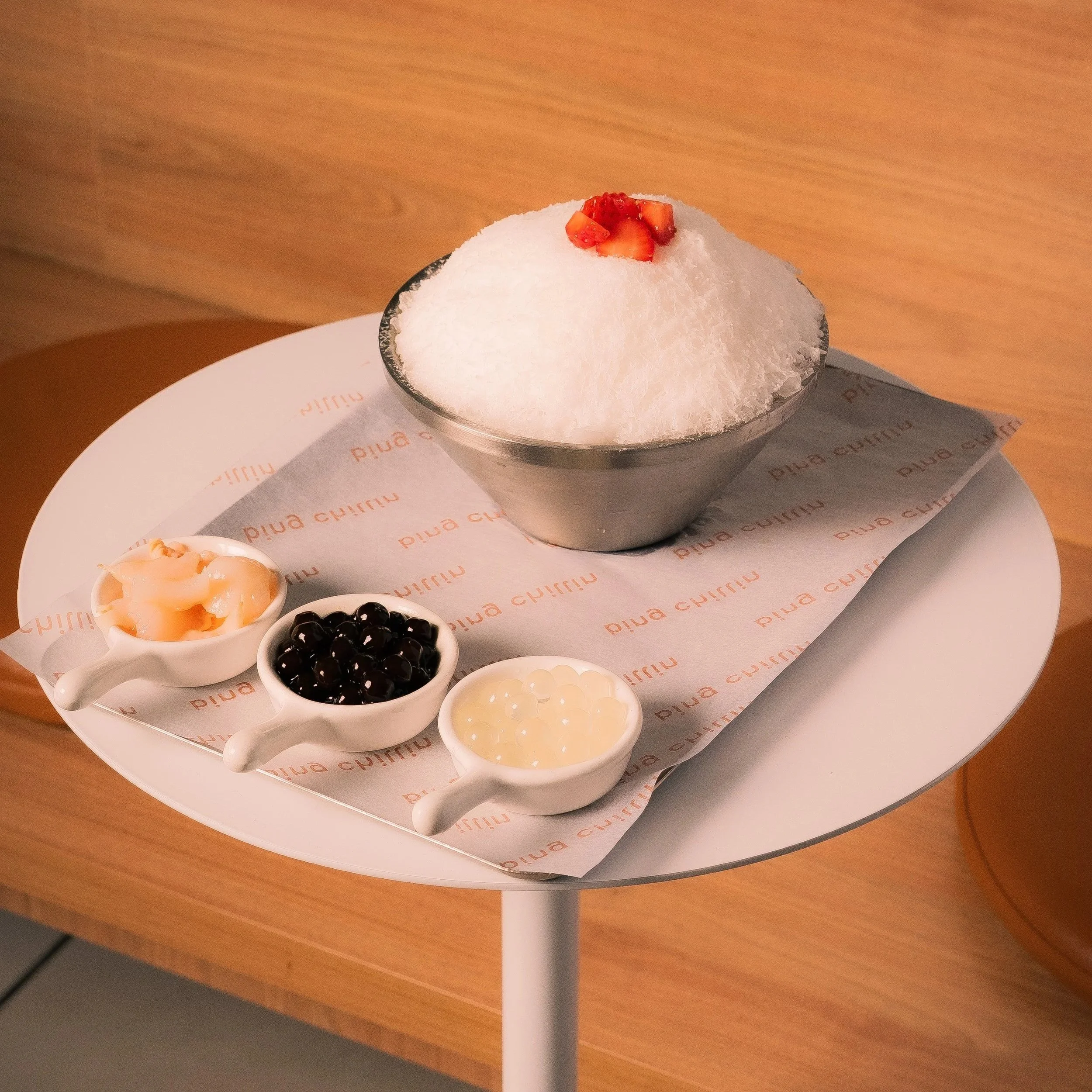 Yuzu Lychee bingsu — yuzu and lychee shaved ice with lychee popping pearls and diced lychee