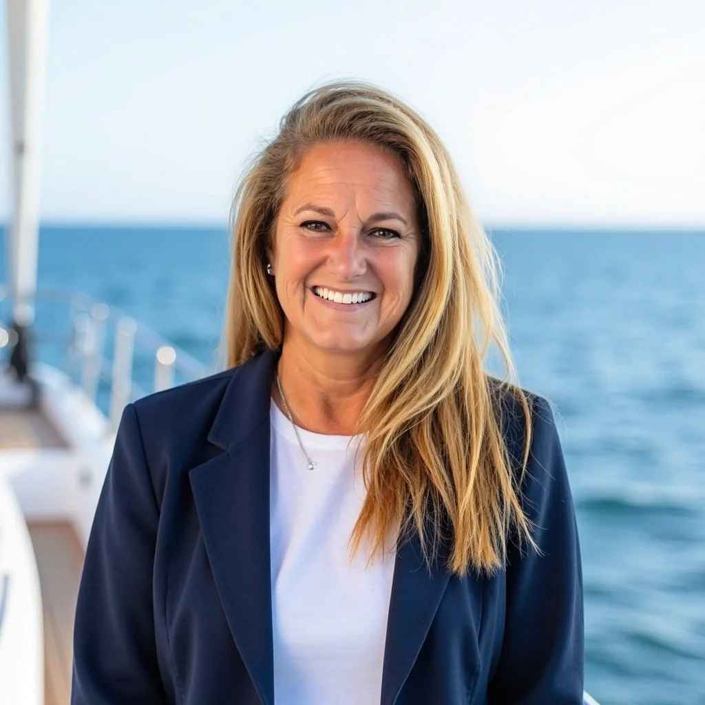 Smiling woman with long blonde hair wearing a sleeveless black and white patterned top against a blue background.