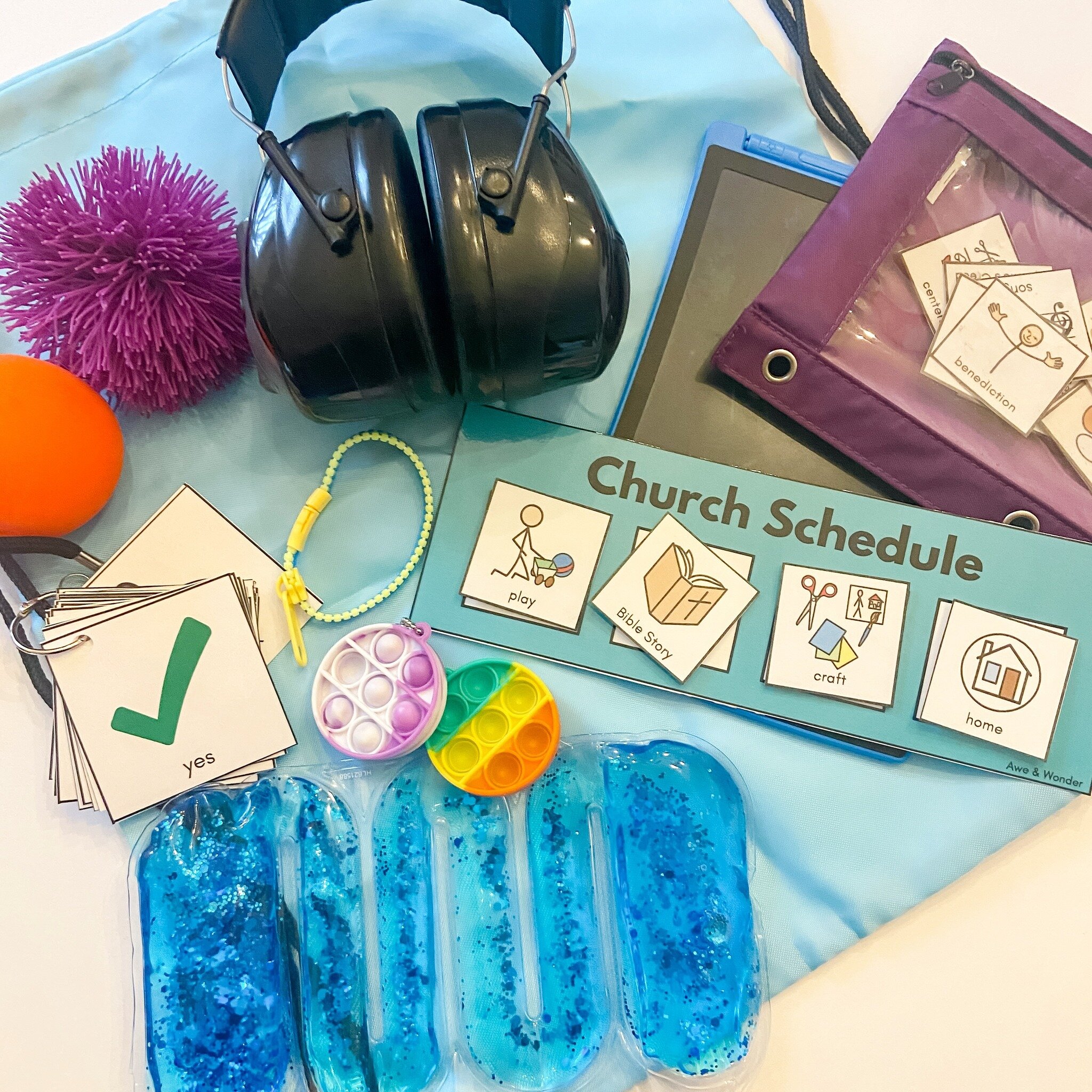 Sensory supports bags (or Buddy Bags) give volunteers and ministry leaders a bag of tools to support students with sensory needs in children&rsquo;s ministry environments. 

Awe &amp; Wonder has visual support lanyard cards and church visual schedule