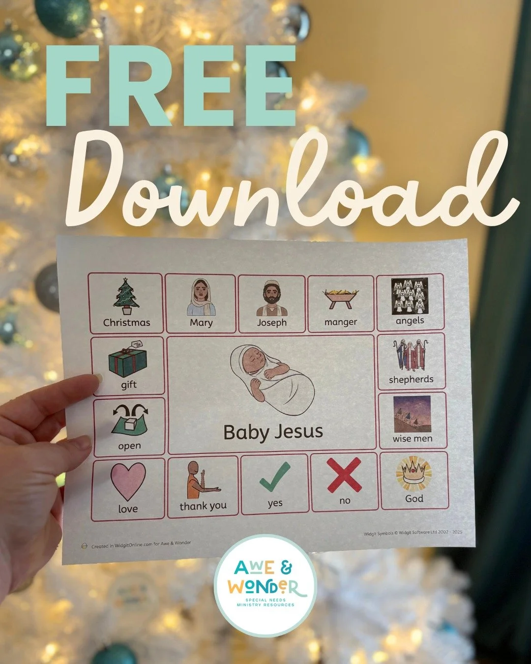 Comment "GIFT" for the link to this free Christmas Morning Communication Board!

Merry Christmas from the Awe &amp; Wonder team!  We hope this resource will be an easy way to talk about the TRUE meaning of Christmas with non-speakers or min