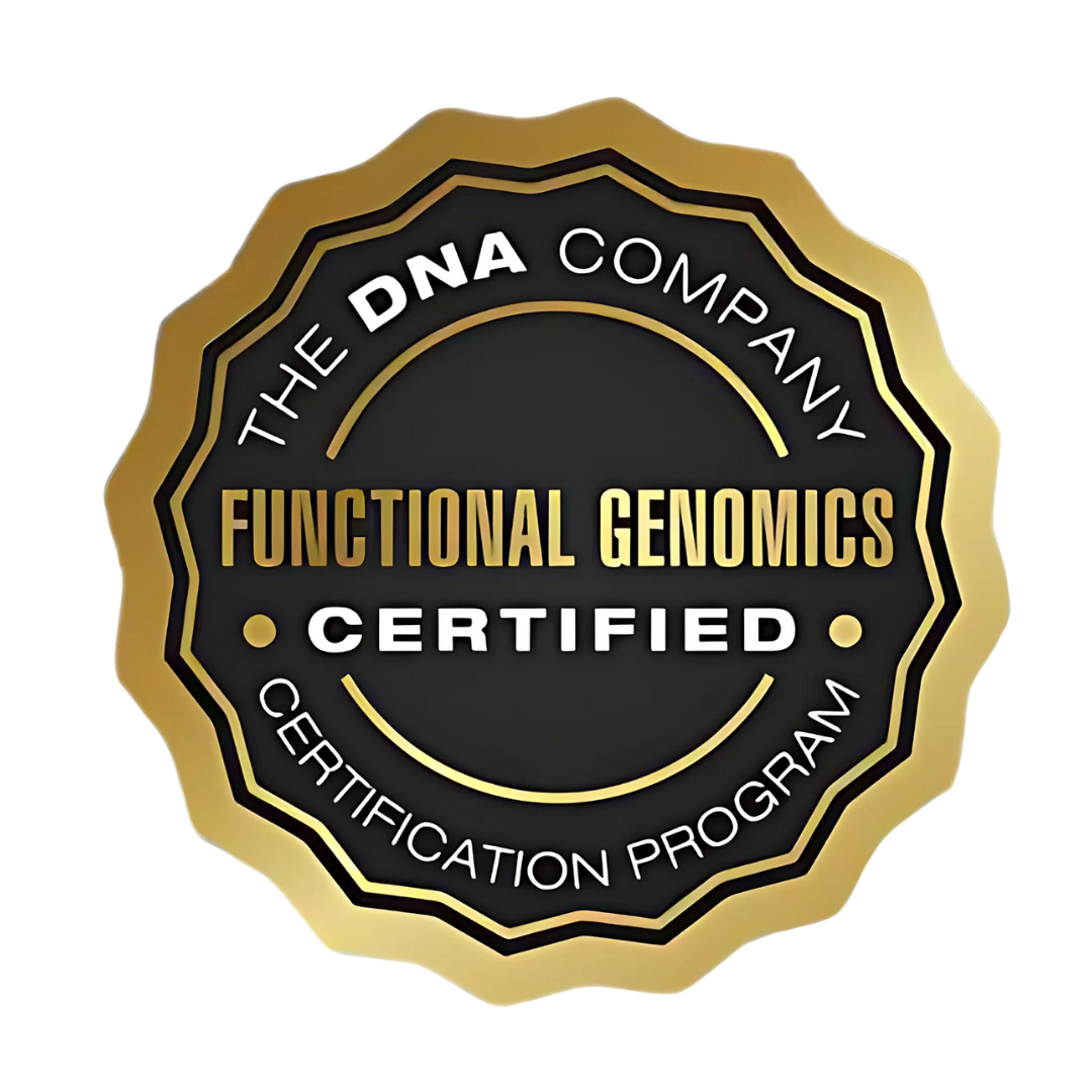 Gold and black certification badge for the DNA Company, labeled as 'Functional Genomics Certified' with various circular and wavy border designs.