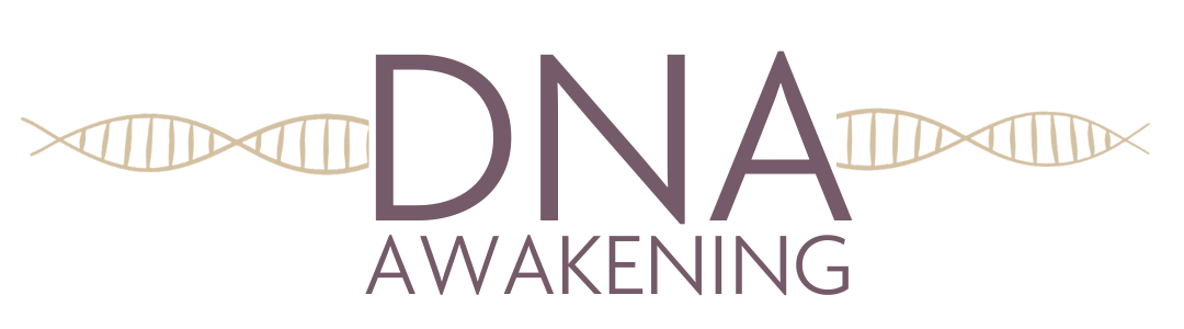 Logo with a double helix DNA strand and the words 'DNA Awakening' in purple font.