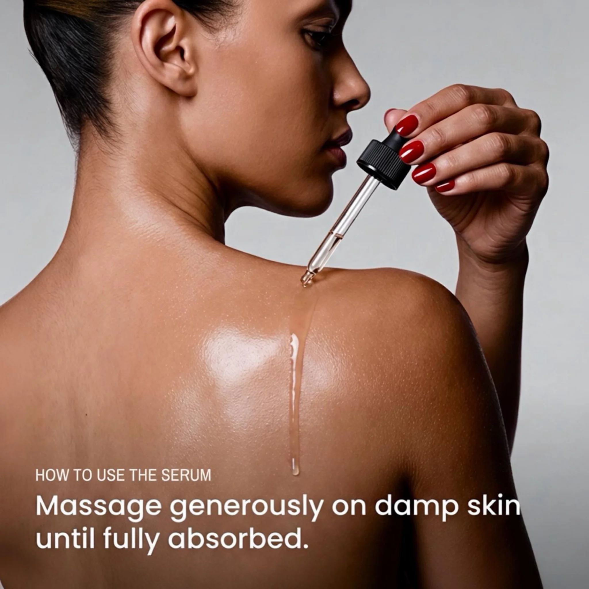 A woman applying serum to her shoulder using a dropper. The serum is visibly on her skin, and she is holding the dropper close to her shoulder. The image has ABP instructions for applying serum and massage steps.