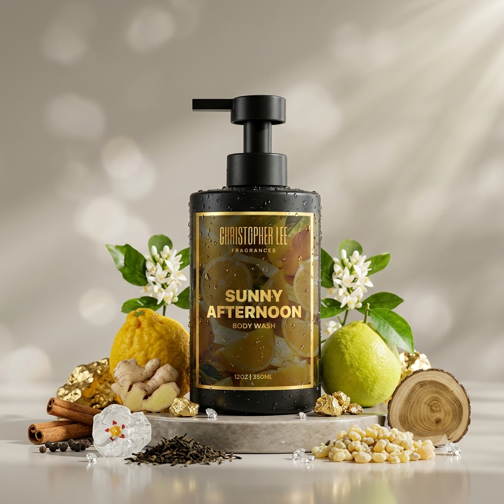 A black bottle of Christopher Lee Fragrances Sunny Afternoon body wash with lemon slices and droplets on the label, surrounded by lemon, ginger, cinnamon sticks, black tea, and other natural ingredients, with white flowers, green leaves, and a wooden