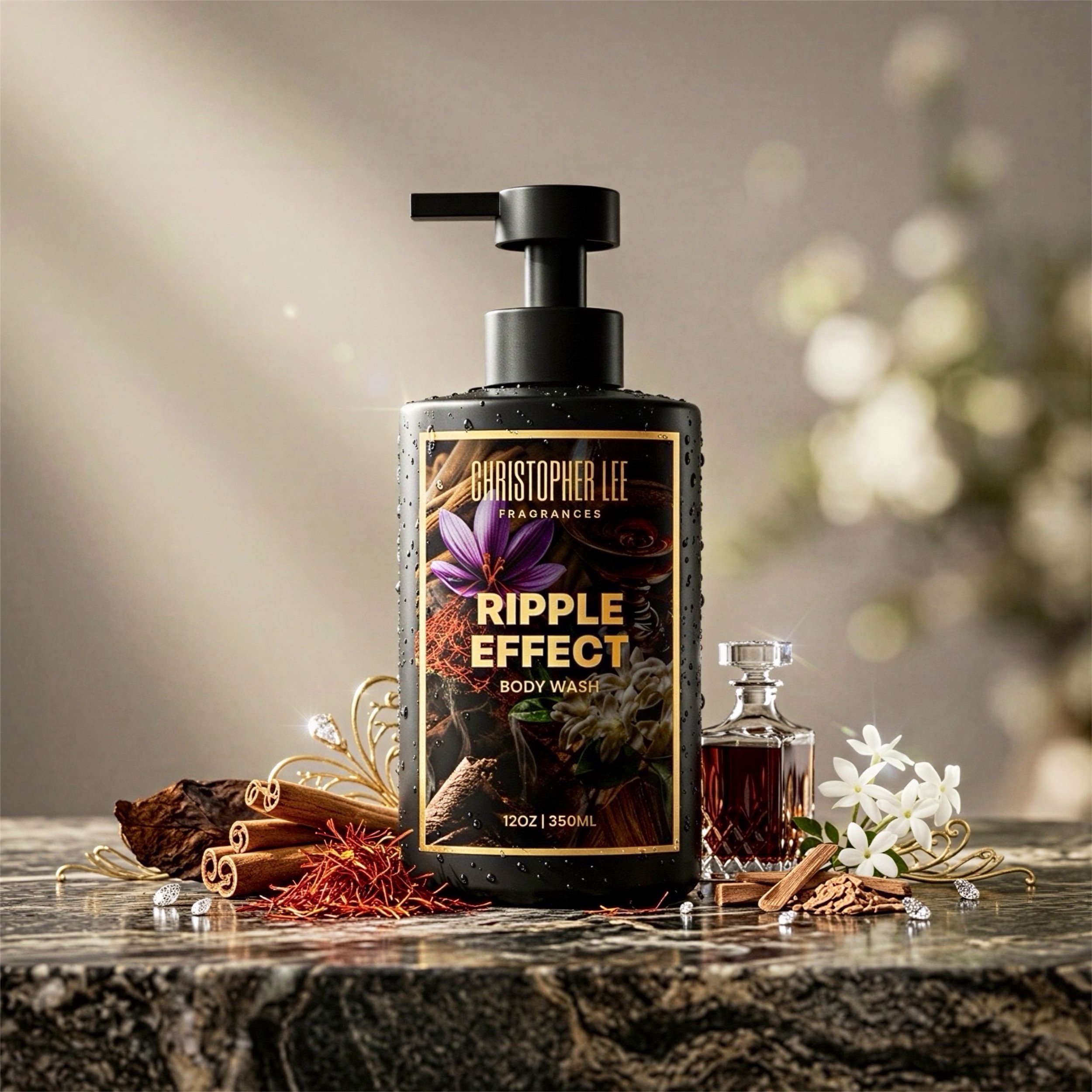 A black bottle of Christopher Lee fragrance body wash with a gold label, placed on a polished surface surrounded by cinnamon sticks, dried herbs, white flowers, and decorative gold accents.