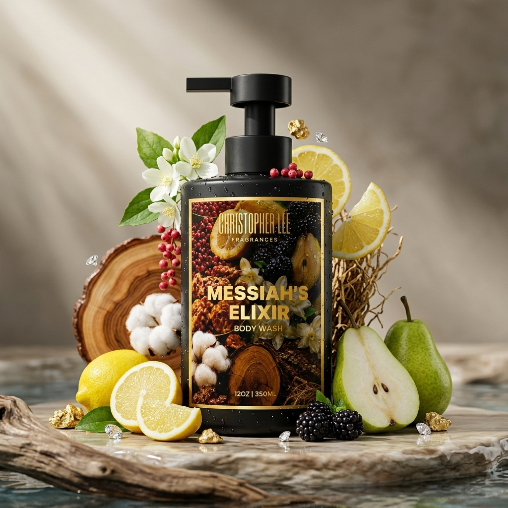 A black bottle of Christopher Lee fragrances Messiah's Elixir body wash surrounded by lemon slices, a green pear, blackberries, cotton, a piece of wood, and decorative items on a wooden surface with a blurred background.