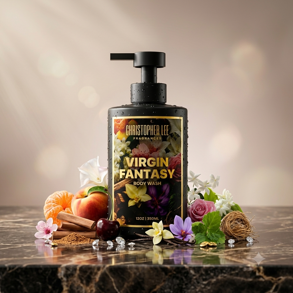 A black body wash bottle labeled Christopher Lee Virgin Fantasy, surrounded by fruits, flowers, and spices on a polished surface with a blurred background.