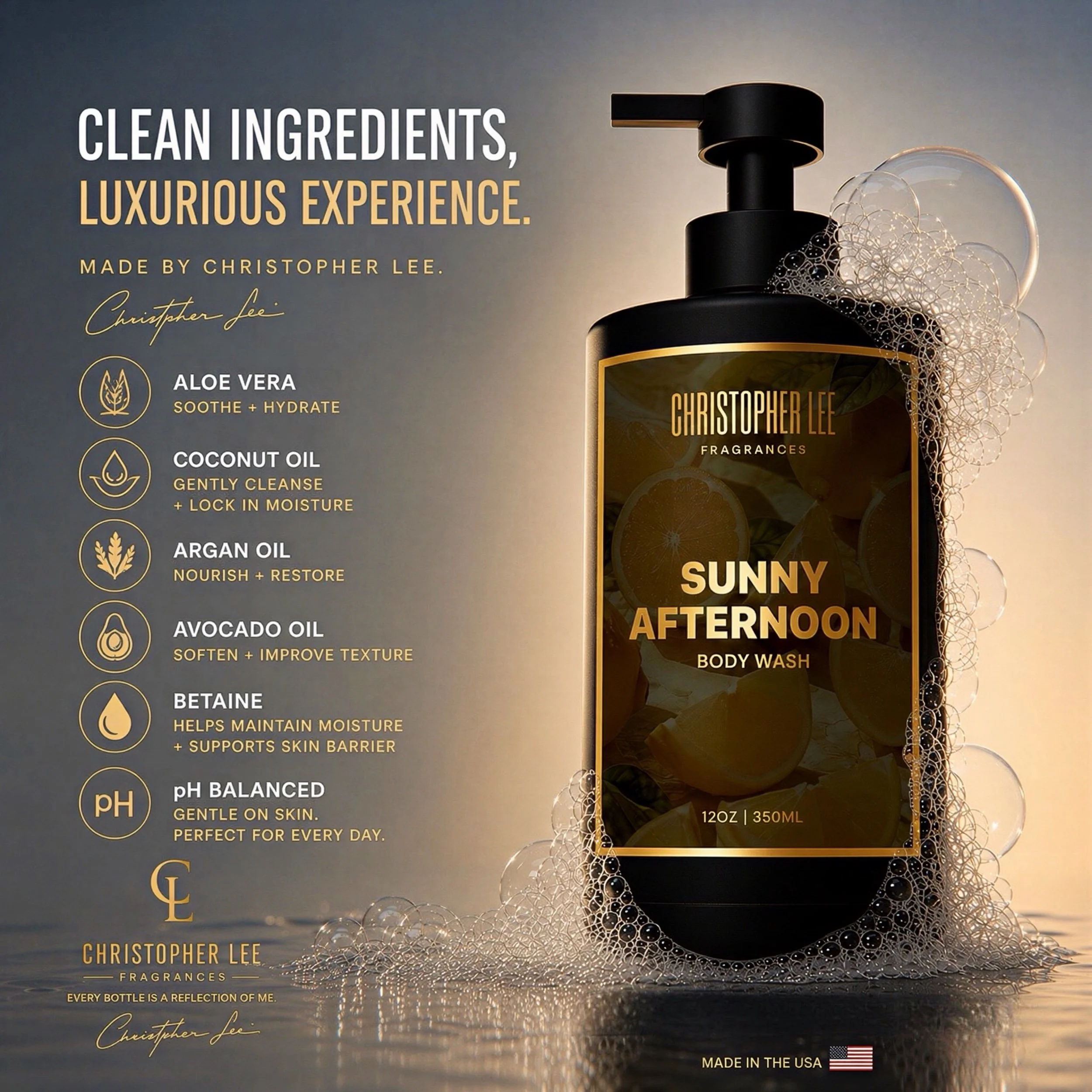 A product advertisement featuring a black bottle of Christopher Lee fragrances placed on a reflective surface with soap bubbles around it. The background has a sunset or sunrise over water, creating a warm ambiance. Text highlights include phrases ab