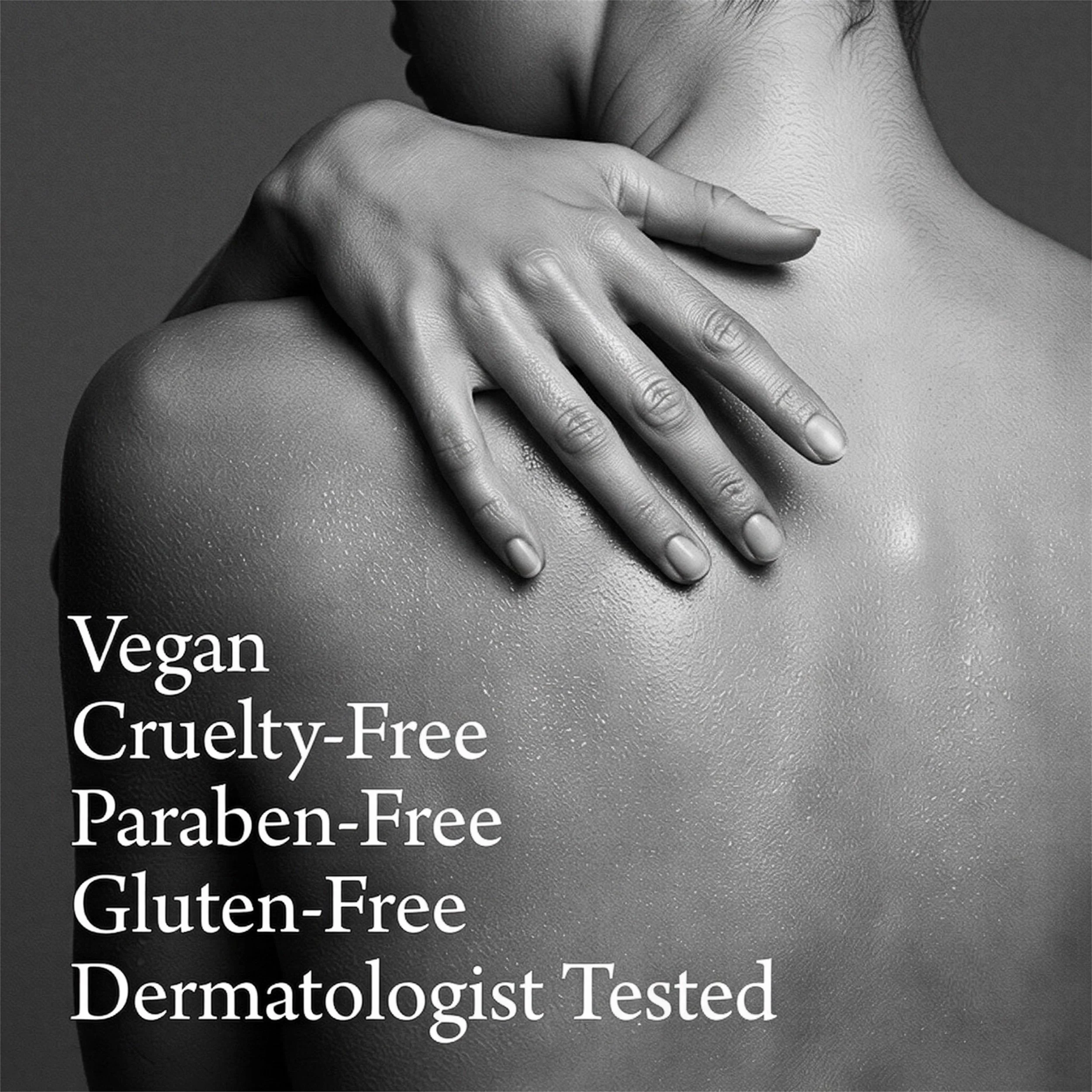 Close-up of a person's hand resting on their shoulder, with text overlay stating various health claims such as vegan, cruelty-free, paraben-free, gluten-free, dermatologist tested.