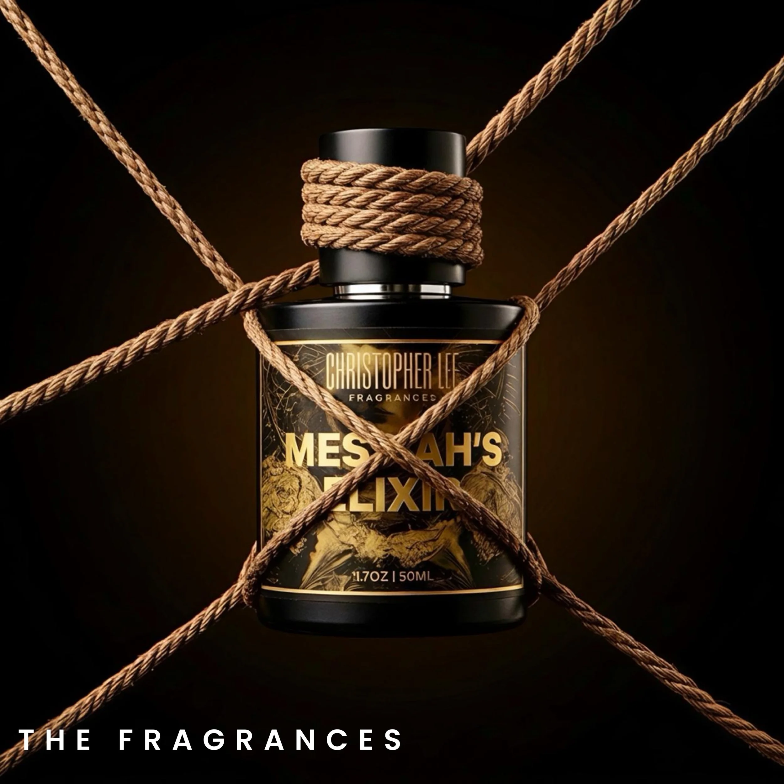 A perfume bottle wrapped in thick, beige ropes, with additional ropes crossing around it, against a black background. The bottle label reads "Christopher Lee Fragrances" and "MESSIAH'S ELIXER."