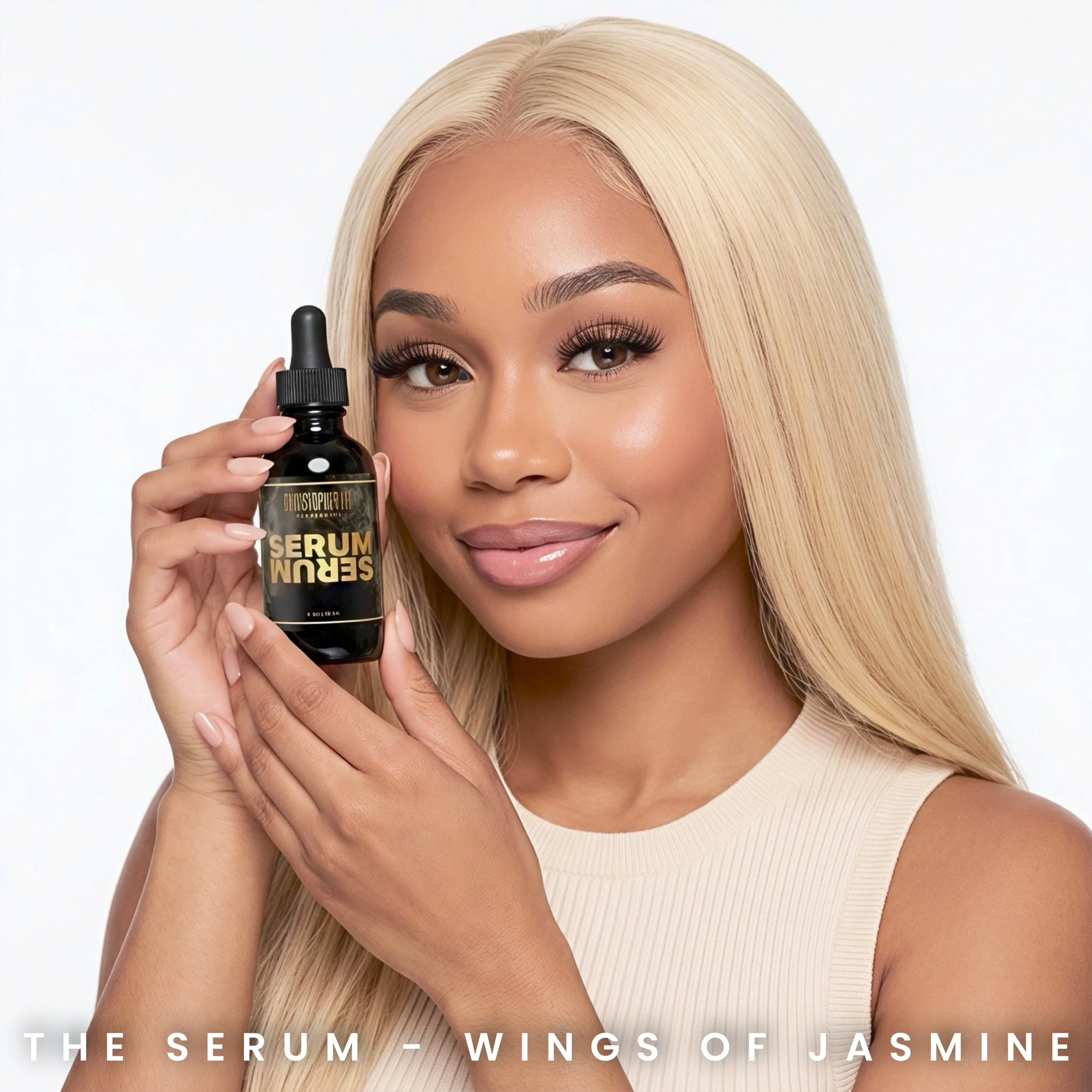 A woman with long blonde hair holding a black bottle labeled 'Serum' close to her face, smiling softly against a white background.