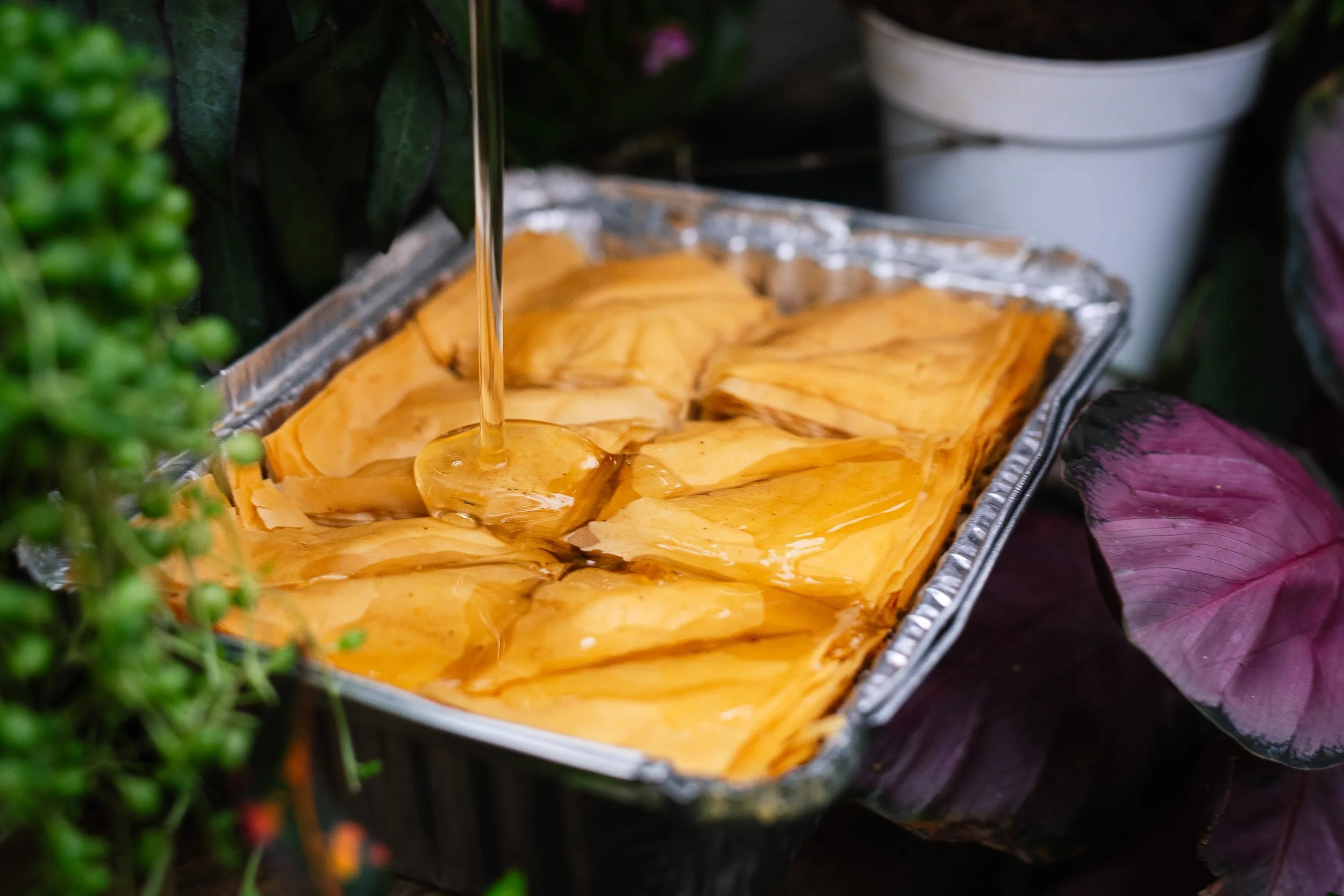 A tray of sliced yellow fruit, possibly jackfruit, being poured with syrup or honey, with green and purple plants nearby.