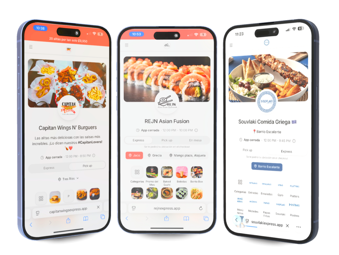 Three smartphones displaying different food ordering apps, featuring dishes like wings, sushi, and Greek food.