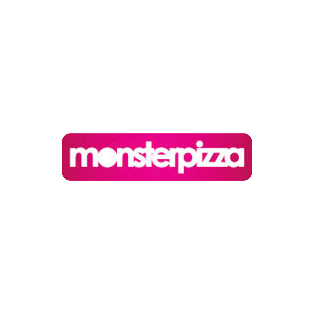 Logo of Monster Pizza with pink background and white text.
