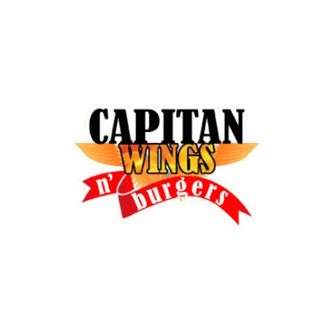 Logo for 'Capitan Wings n' Burgers' featuring bold black text, a stylized orange wing, and a red banner with white text.