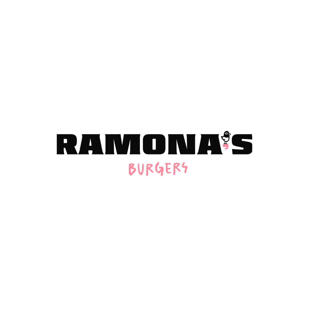 Logo for Ramona's Burgers with a black and pink color scheme and a small cartoon duck on top of the letter S