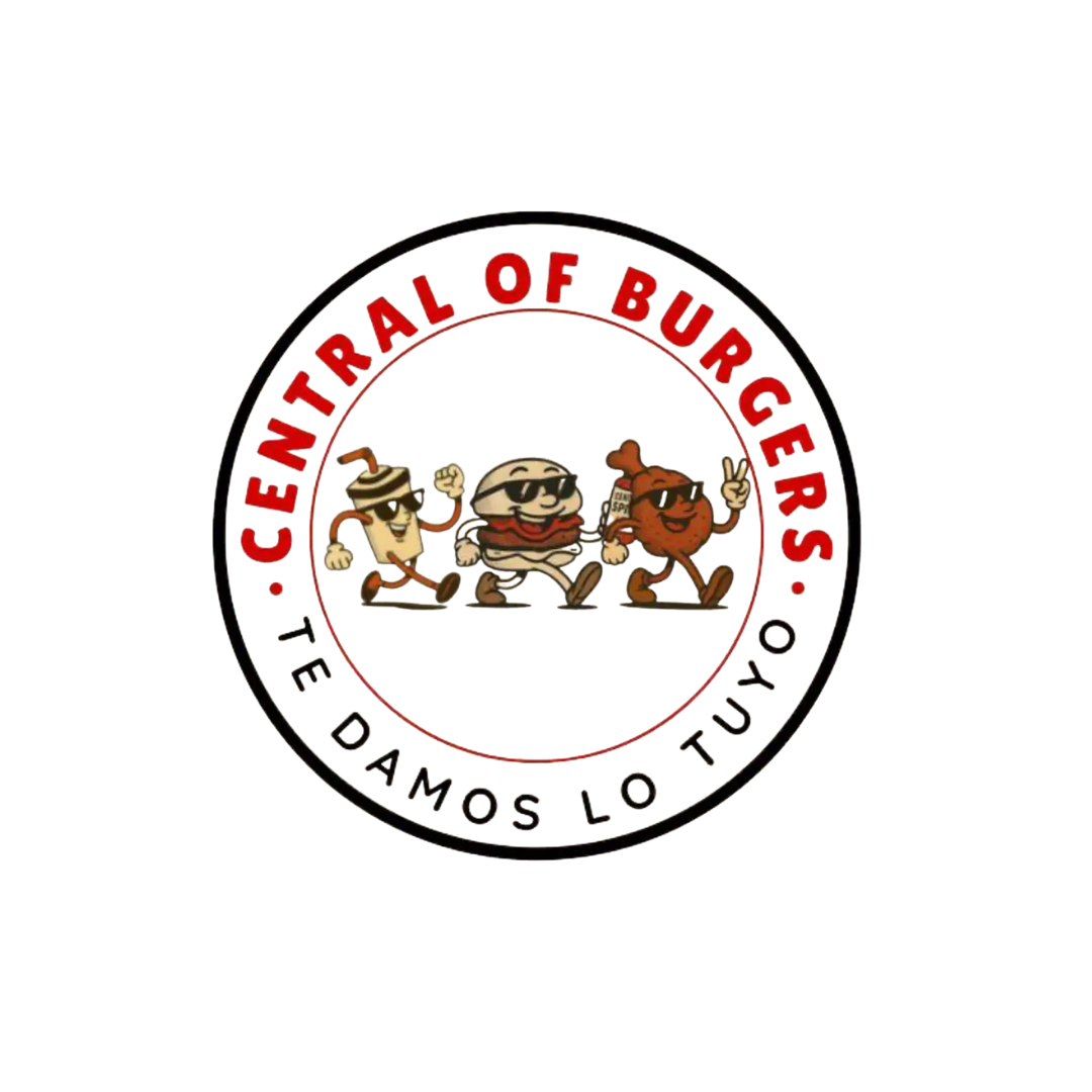 Circular logo with animated characters of a coffee cup, burger, and fried chicken, all wearing sunglasses, with the text 'Central of Burger Rest' and 'Established 1984' around the circle.