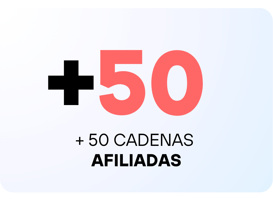 Graphic showing a plus sign, the number 50 in large pink font, and the text '+ 50 CADENAS AFILIADAS' in black.