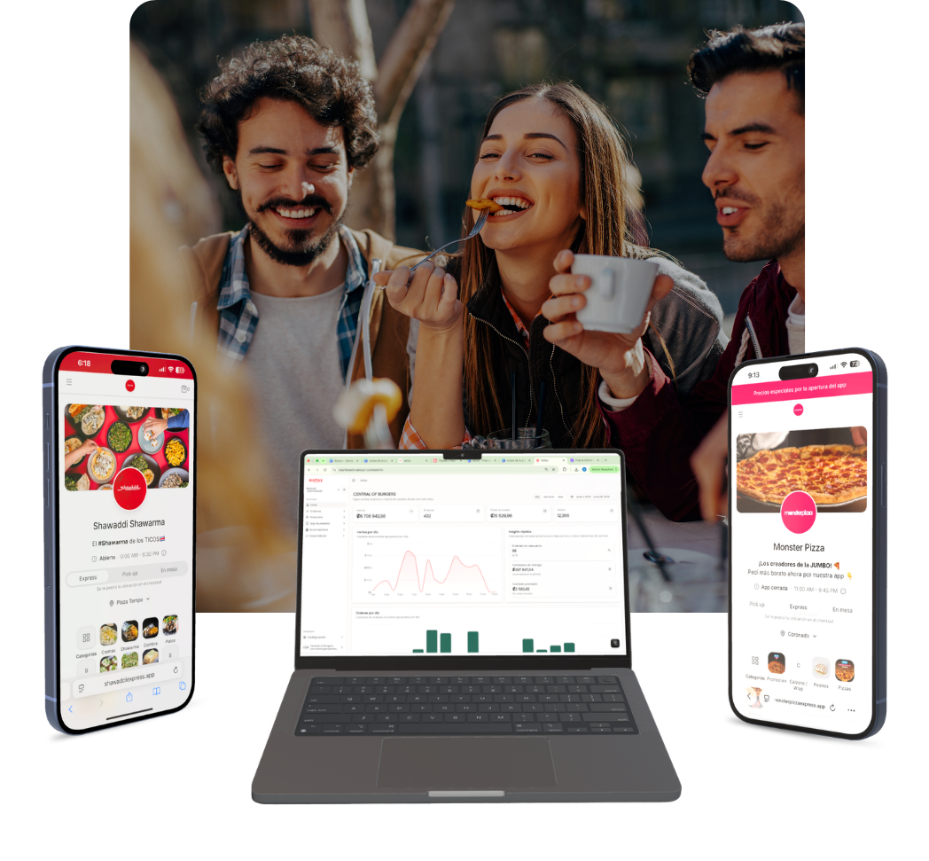 A group of friends enjoying food outdoors, with food ordering and analytics displayed on smartphones and a laptop in front of them.