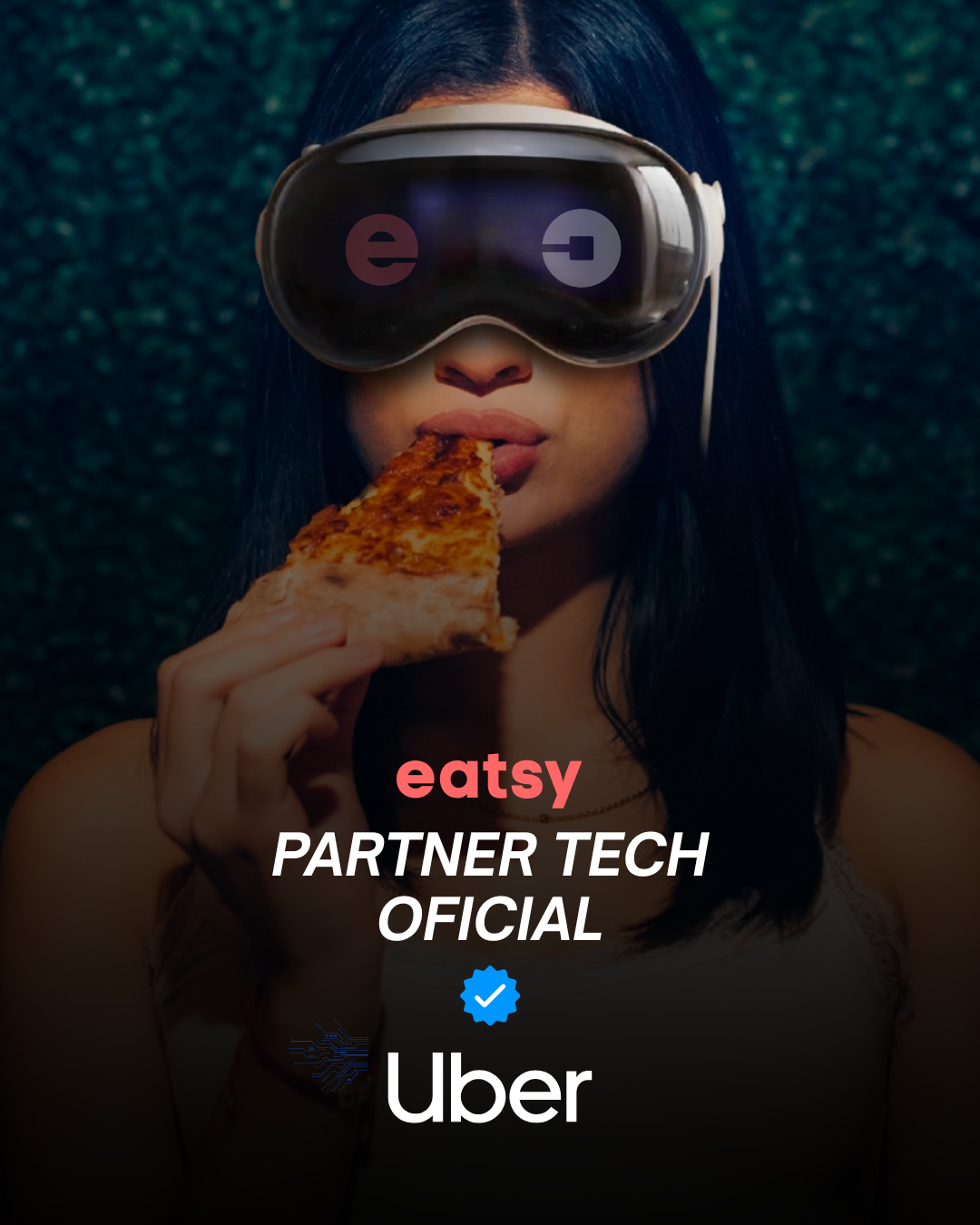 Young woman wearing VR goggles and holding a slice of pizza near her lips.