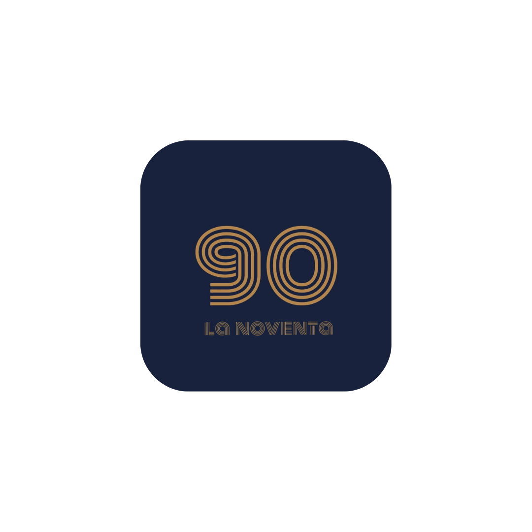 Design celebrating the 90th anniversary with the number 90 in gold lines and the text "La Noventa" on a dark background.