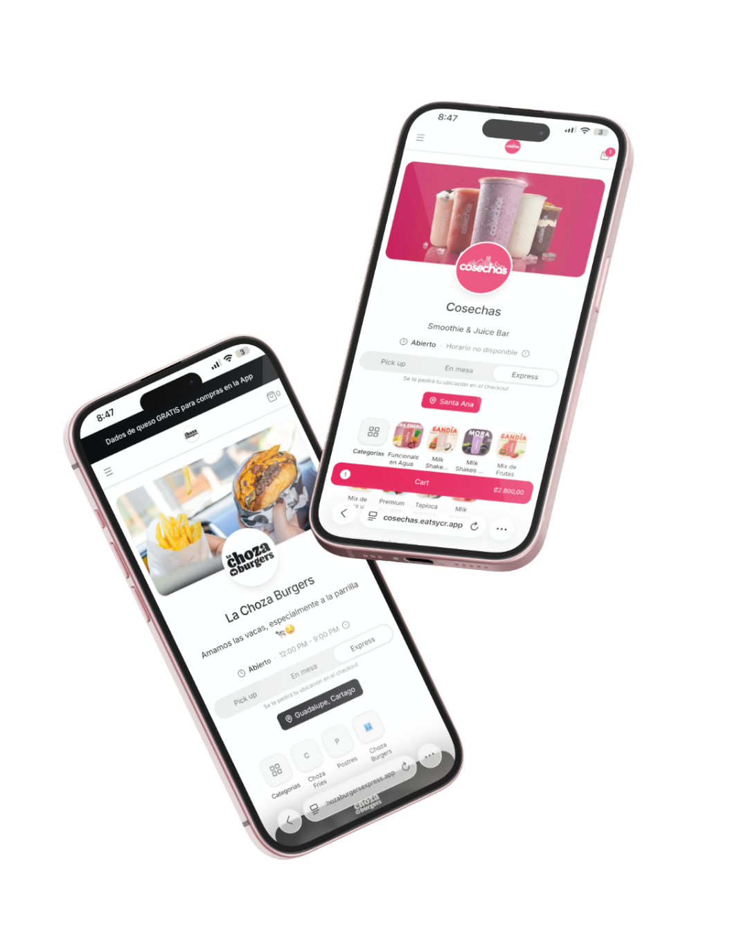 Two smartphones displaying food and drink ordering apps. The screens show a smoothie bar and a burger restaurant with menu options.