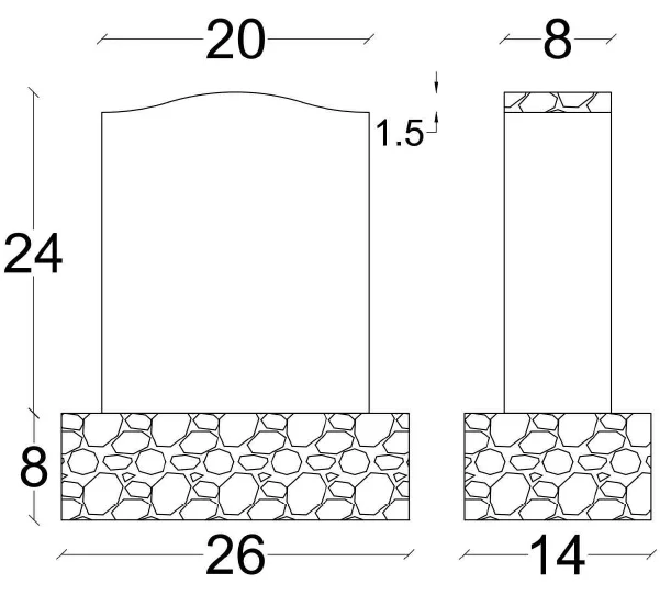 model to scale of a headstone showing dimensions