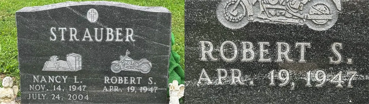 collage showing detail on headstone up close