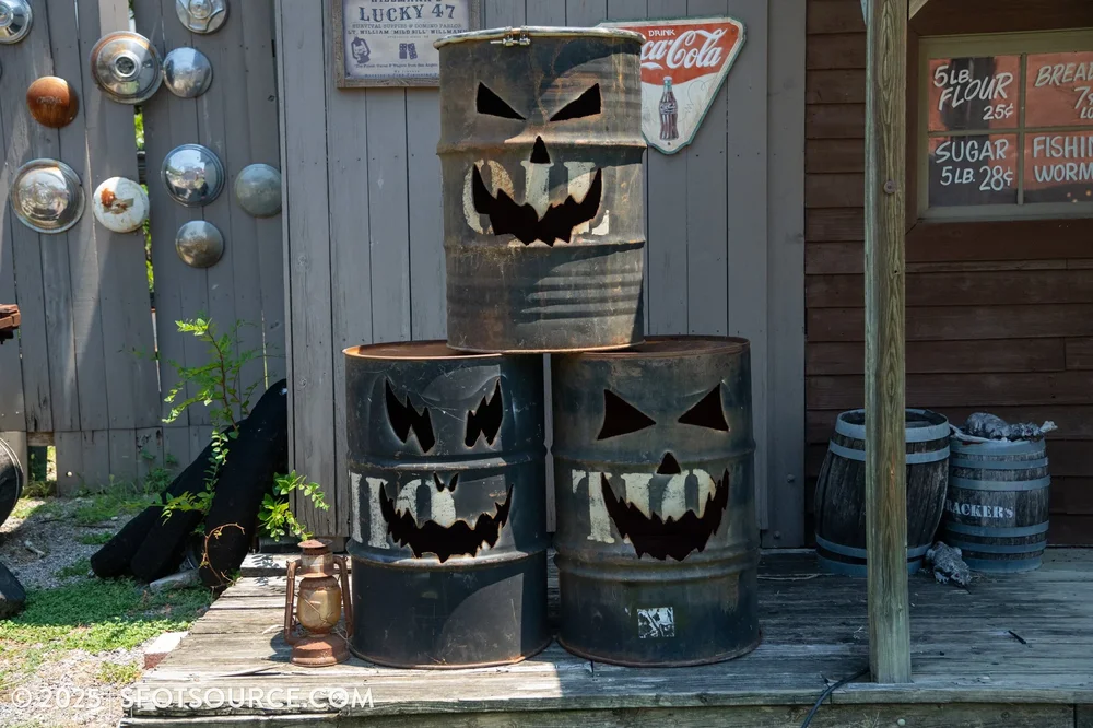 Spooky jack-o-lantern oil barrels have returned to Boomtown.