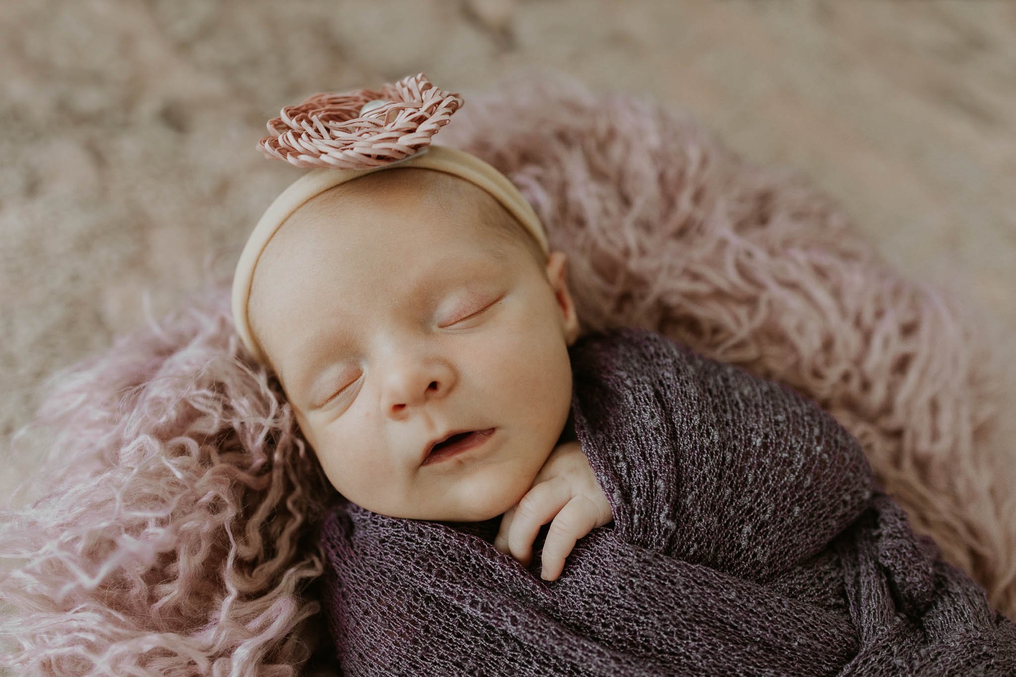 Sleeping baby is peaceful during her newborn photoshoot in Bloomington Illinois.