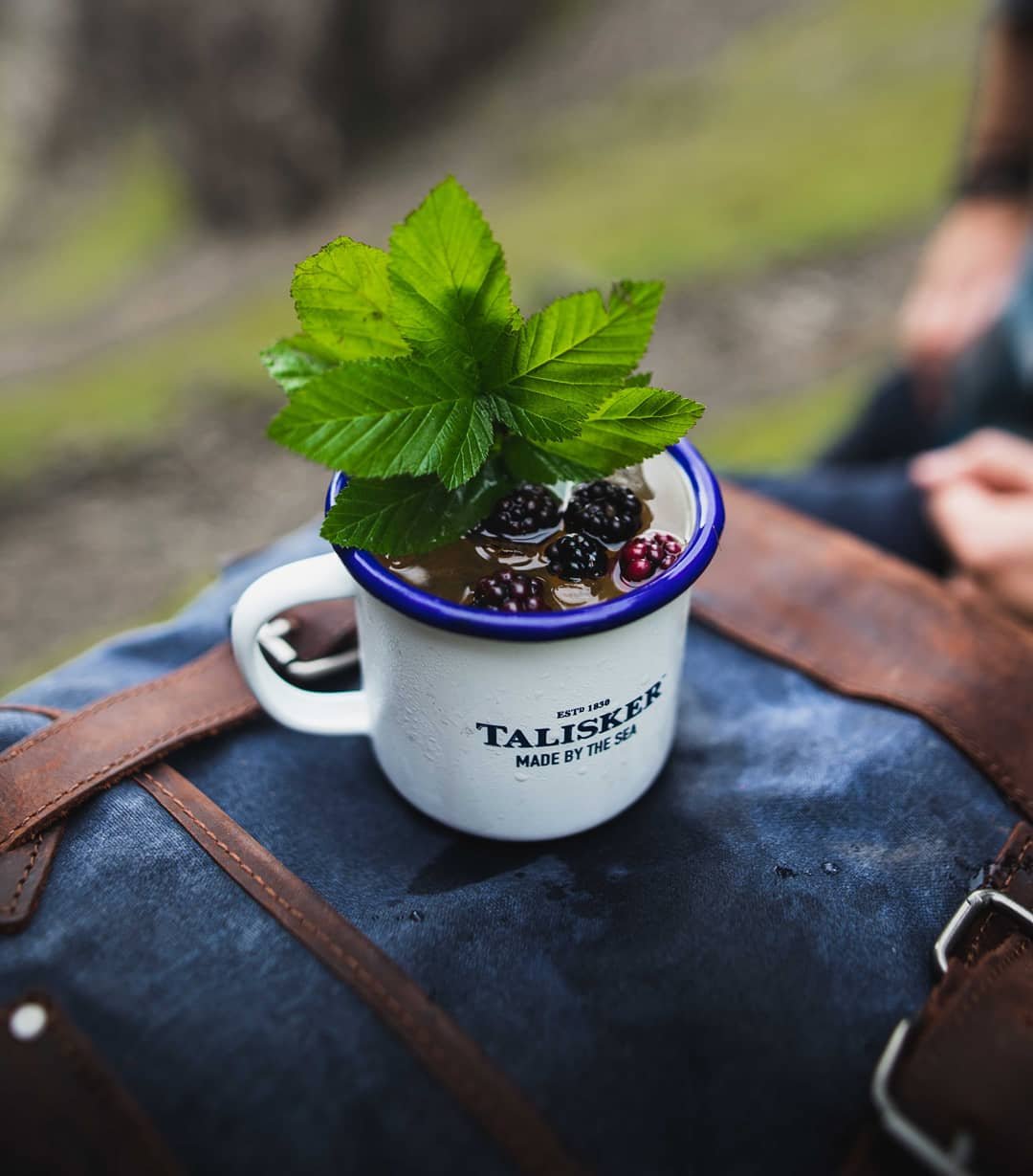 A white mug with blue rim branded 'Talsker' filled with blackberries, a leaf, and a liquid, placed on a blue fabric surface with brown straps, outdoors.