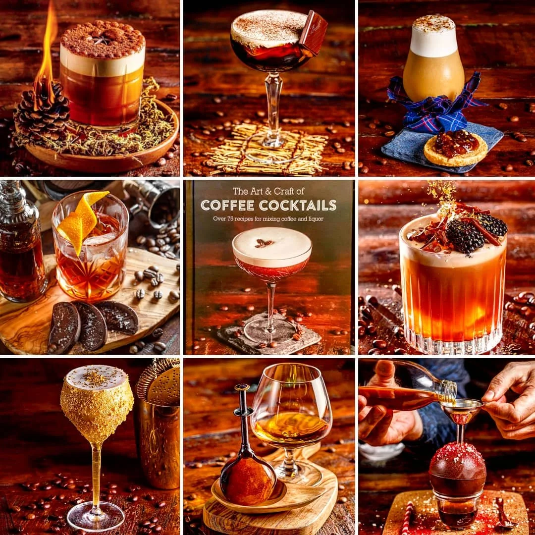 A collage of nine images showcasing various coffee cocktails, drinks, and desserts on a wooden surface.