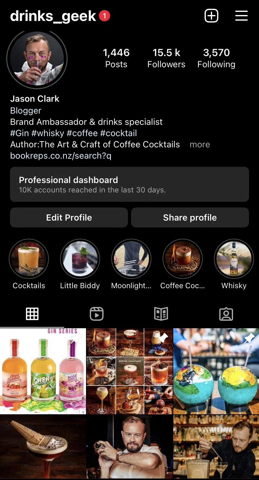 Instagram profile page of Jason Clark, a drinks and coffee specialist, with highlights of cocktails, whisky, and coffee, featuring photos of various drinks and bar scenes.