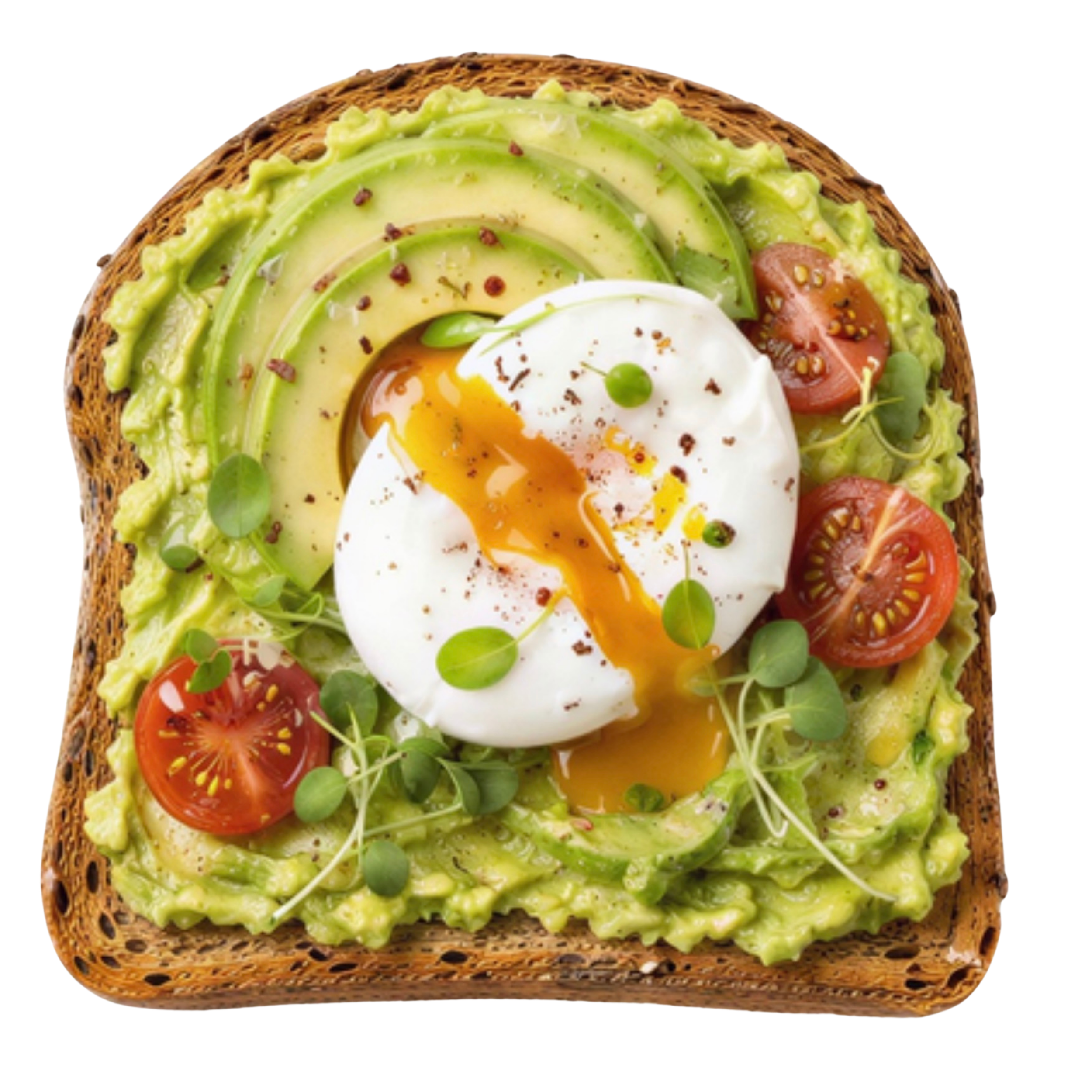 Vollbildansicht eines Brotes mit Avocado, pochiertem Ei, Tomaten, Sprossen und Gewürzen