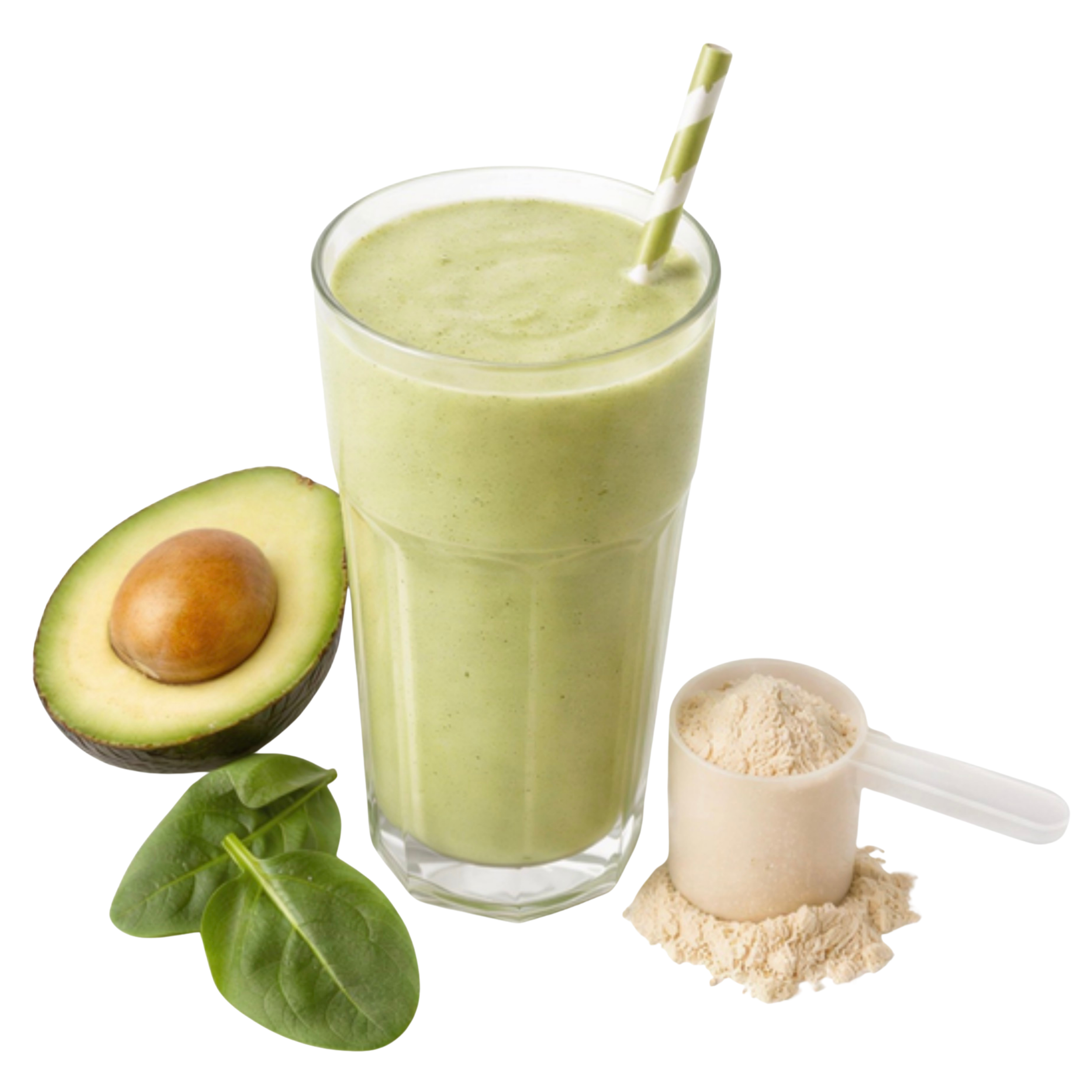 Grüner Smoothie in einem Glas mit Strohhalm, neben Avocado, Haferflocken, Ingwer und grüne Blätter auf weißem Hintergrund.