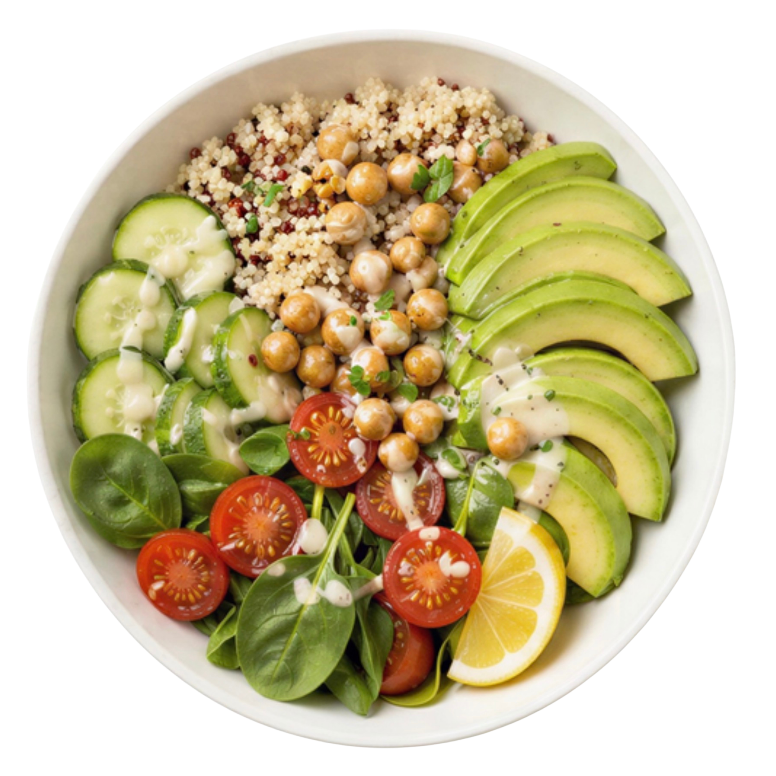 Eine weiße Schüssel mit einem bunten Salat, bestehend aus Gurkenscheiben mit Dressing, Kichererbsen, Tomatenscheiben, Avocadoscheiben, Zitronenstücken und frischen Kräutern.