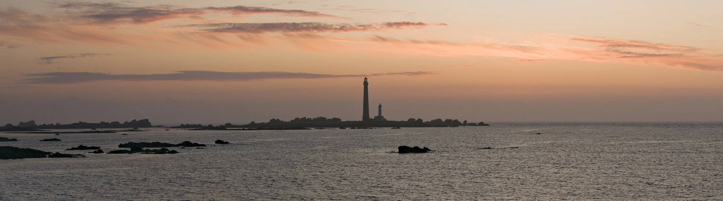 Panoramic view of the Île Vierge lighthouses at sunset