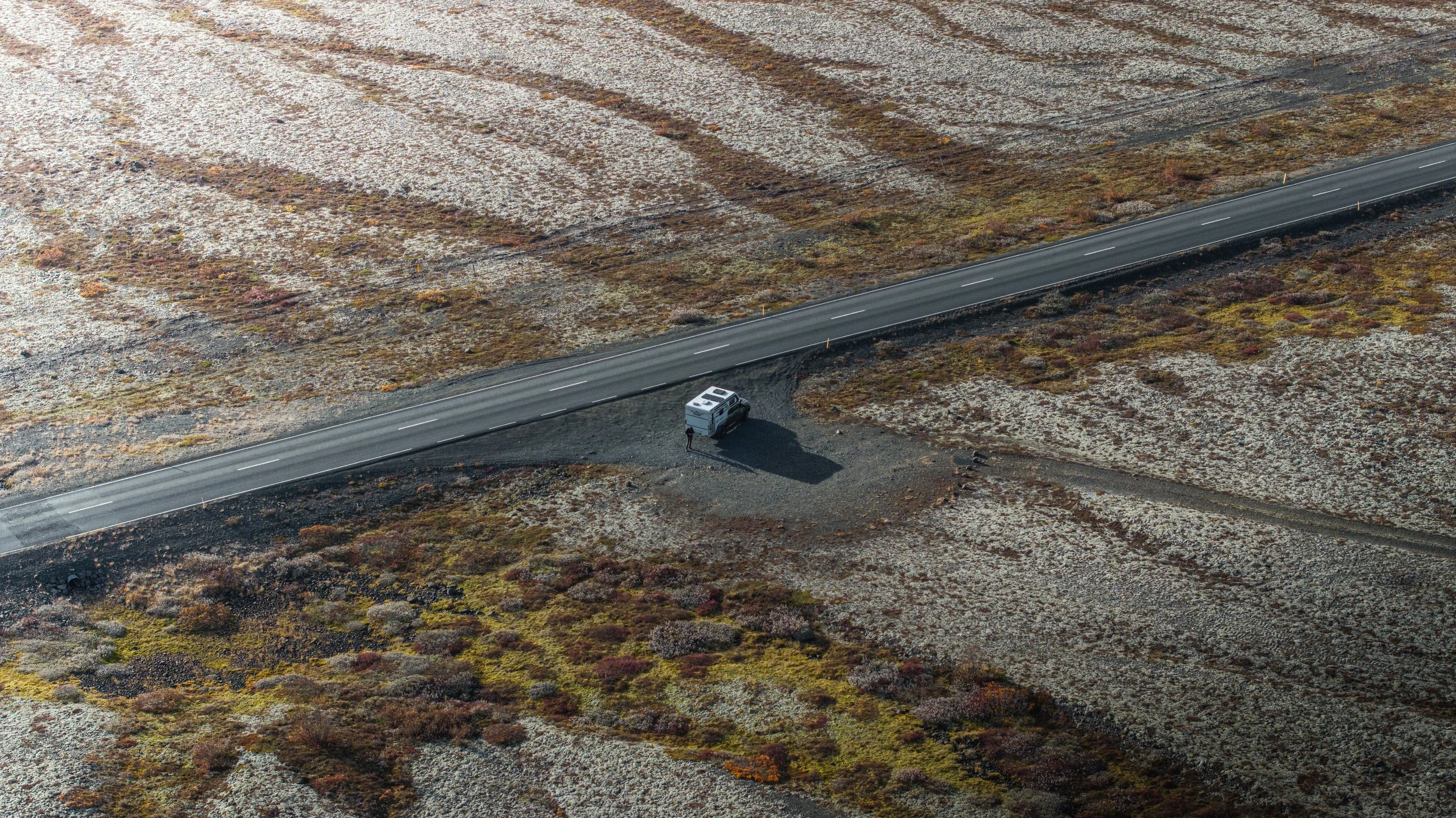 Drone view of a truck camper in Iceland
