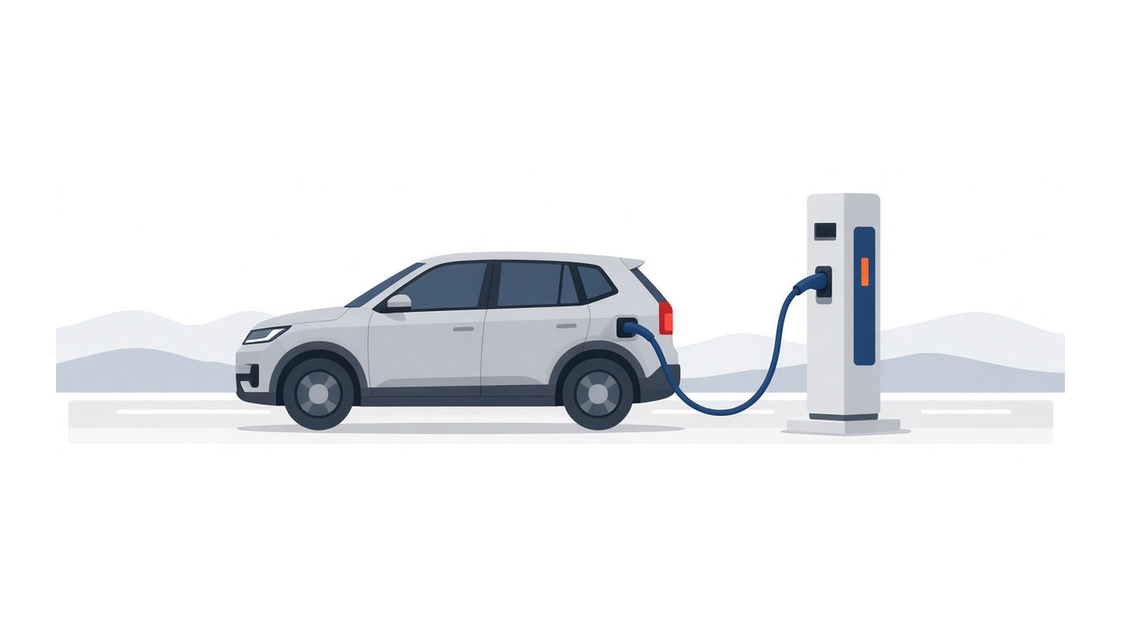 Ilustração minimalista de um carro elétrico ligado a um posto de carregamento rápido numa área de serviço de autoestrada