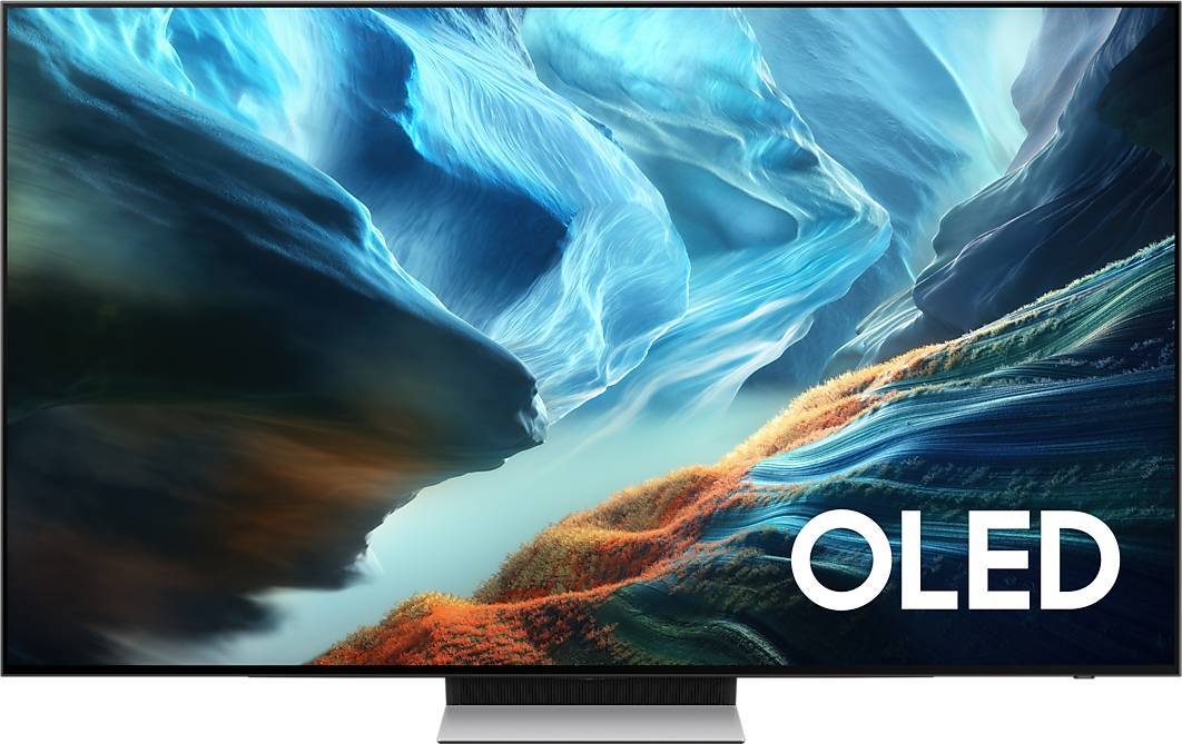 TV Samsung OLED S90H vista de frente, com uma paisagem azul no ecrã