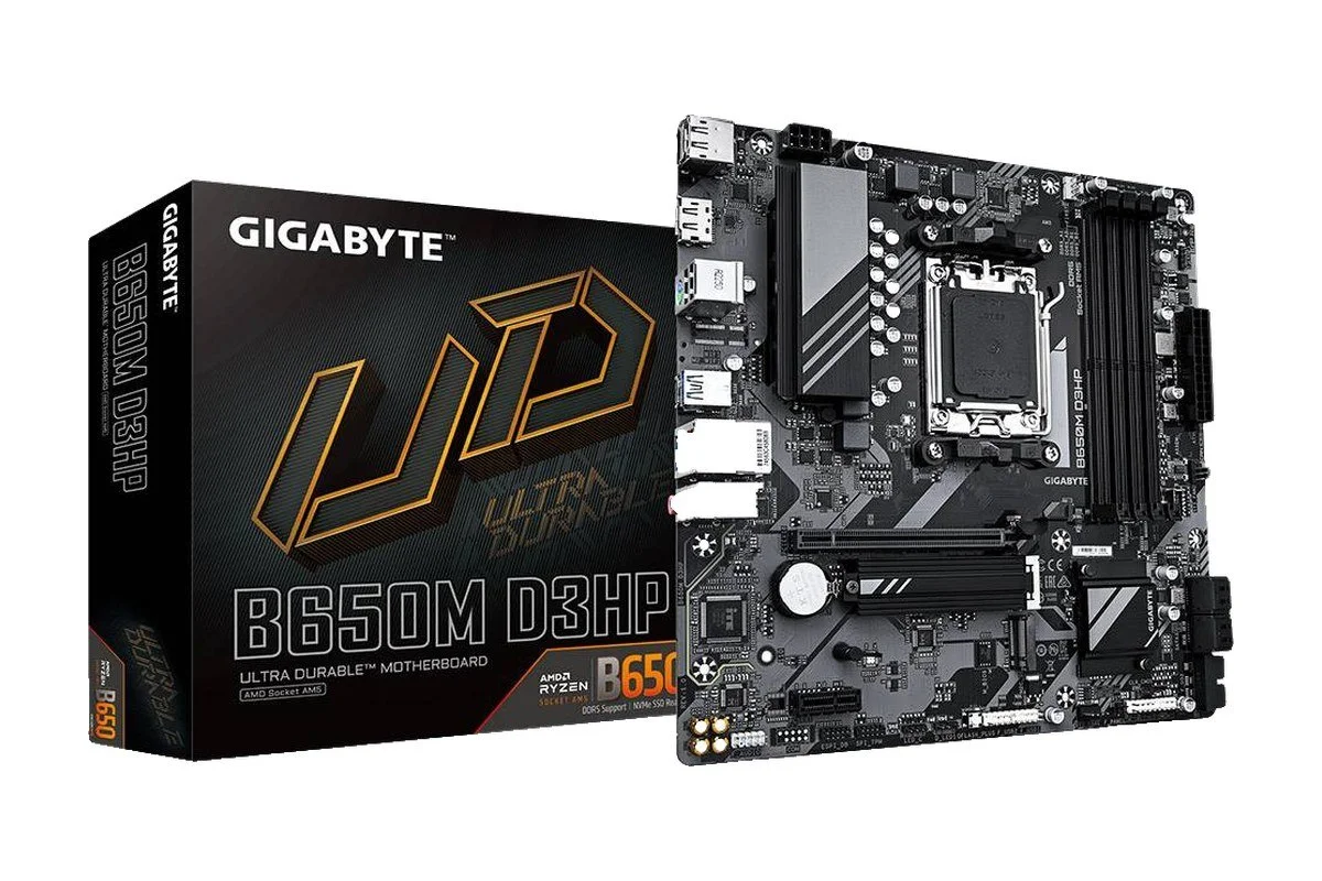 Motherboard Gigabyte B650M D3HP ao lado da caixa