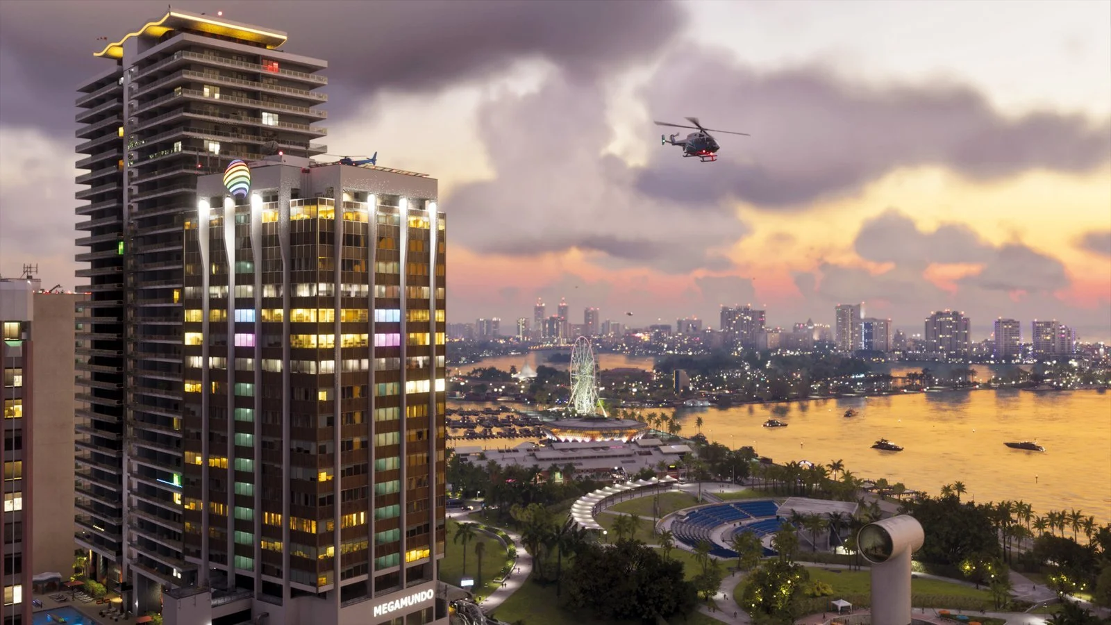 Arranha-céus de Vice City ao entardecer com um helicóptero no céu