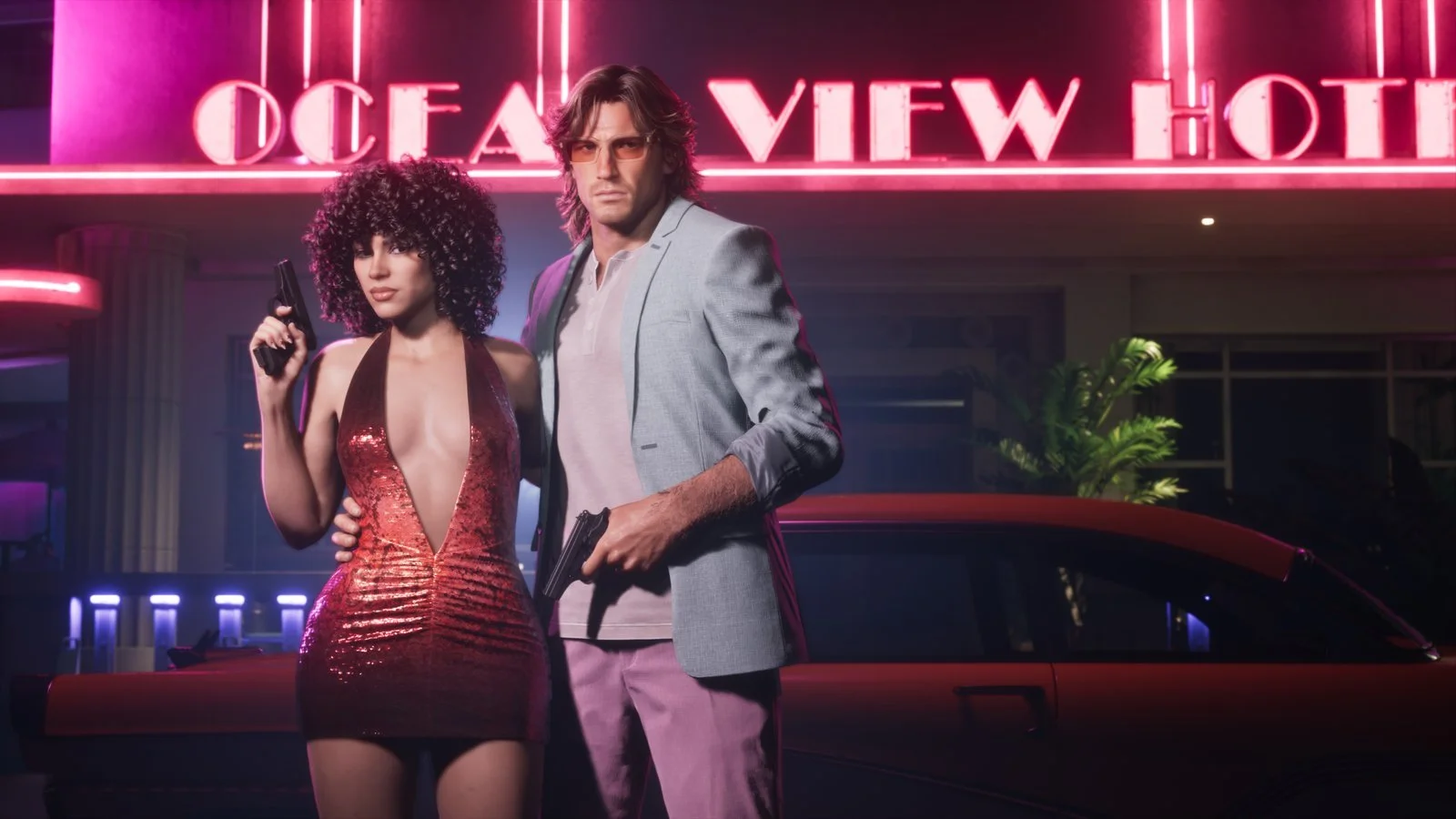 Jason e Lucia vestidos à anos 80 em frente a um hotel com néon em Vice City